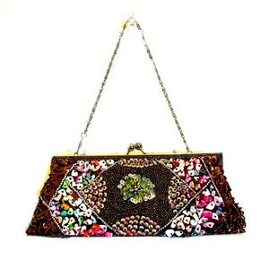 Brown Multi Colored Sequin Hand Beaded Bag